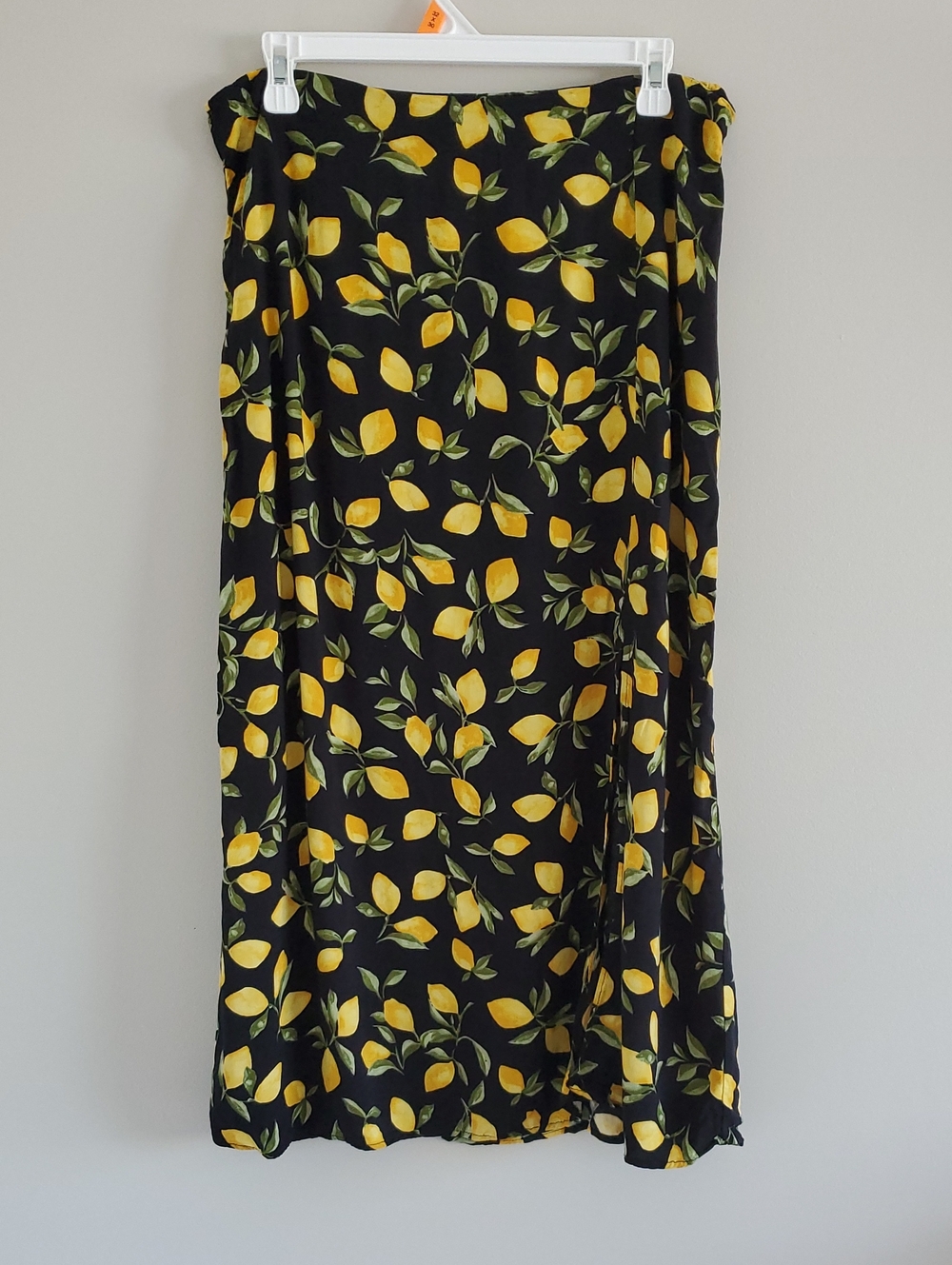 New Look Black Yellow and Green Lemon Print Split Midi Skirt Sz 12 Whimsy